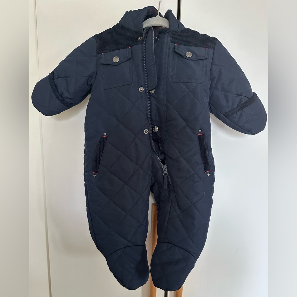 ROTHSCHILD Navy Quilt Pram Snowsuit Size 3-6 Months With Built Mittens and Feet